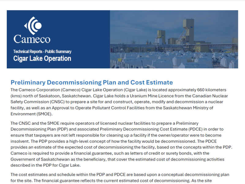Cigar Lake-Preliminary Decommissioning Plan Summary