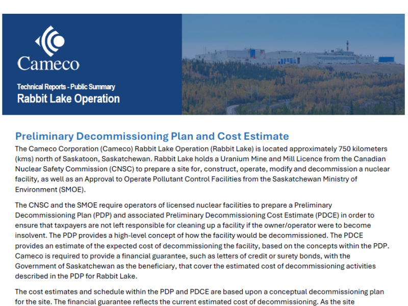 Rabbit Lake Preliminary Decommissioning Plan Summary